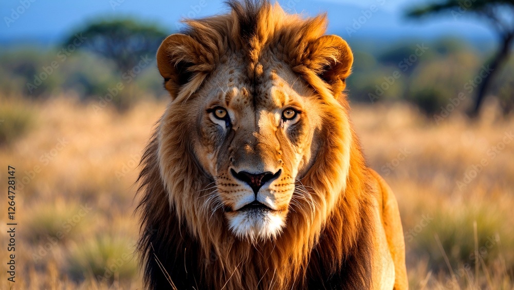 Fototapeta premium Majestic lion gazing intently in the savanna