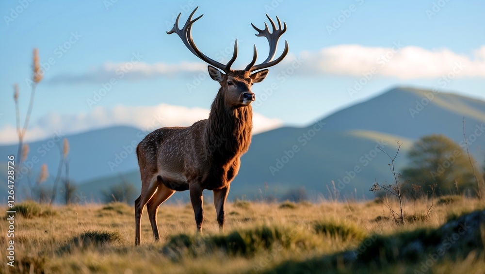 Fototapeta premium Majestic stag roaming wild grassland under clear sky