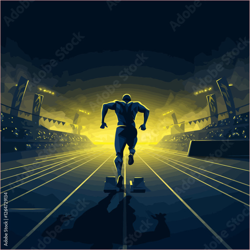 Runner Starting Sprint on Track in Stadium at Night Illustration