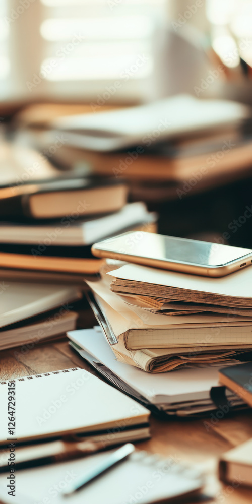 Stack of books with smartphone on wooden table in warm cozy study room Stack of books with smartphone on wooden table in warm cozy study room