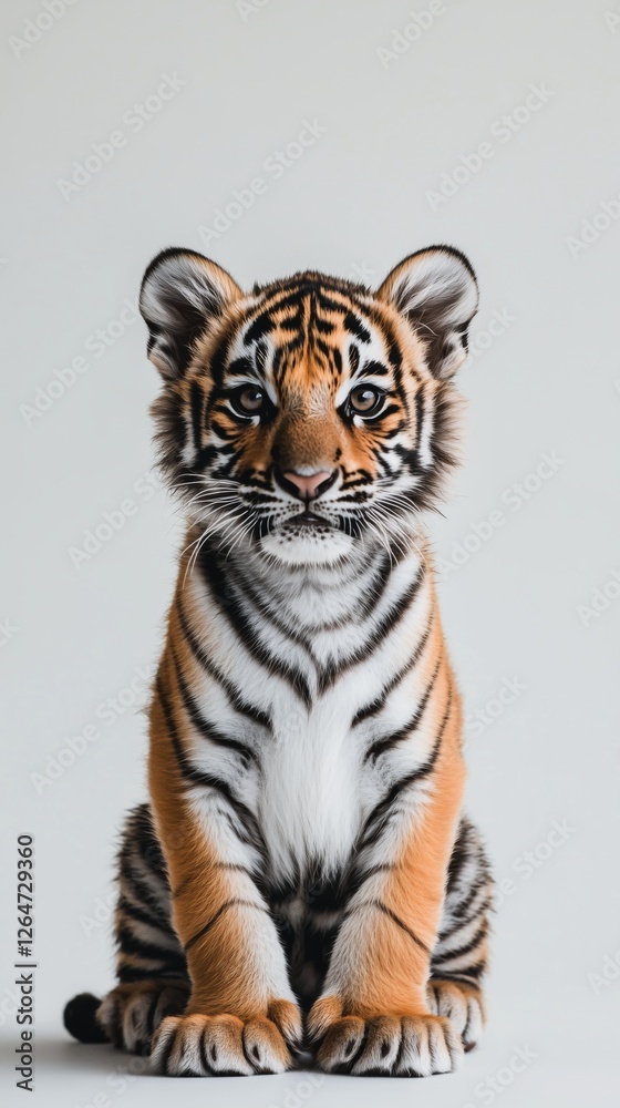 Fototapeta premium Young tiger cub sitting quietly with bright blue eyes and striking fur pattern in a neutral setting