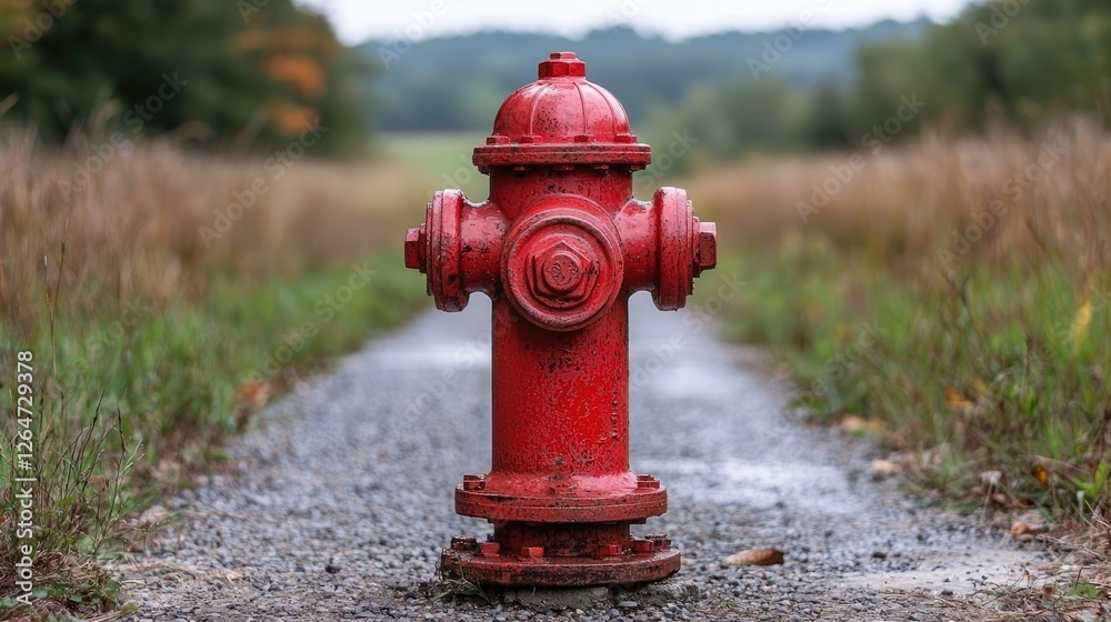 Bright red fire hydrant stands prominently on a gravel path surrounded by tall grass and trees Bright red fire hydrant stands prominently on a gravel path surrounded by tall grass and trees