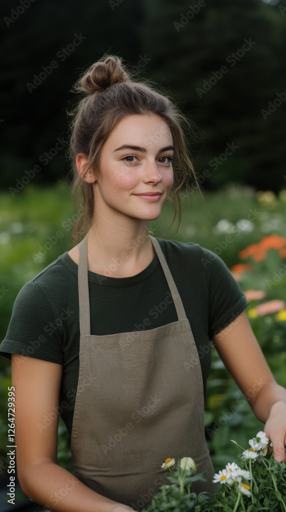 A florist wearing an apron gathers freshly cut flowers in a garden. Blooming plants and shrubs are visible in the background A florist wearing an apron gathers freshly cut flowers in a garden. Blooming plants and shrubs are visible in the background