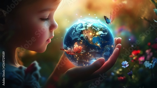 A small child holds a glowing Earth in his hands. A symbol of hope, care and connection with nature. Perfect for Earth Day and environmental awareness.