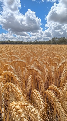 Wheat field under a blue sky with fluffy clouds during the summer season