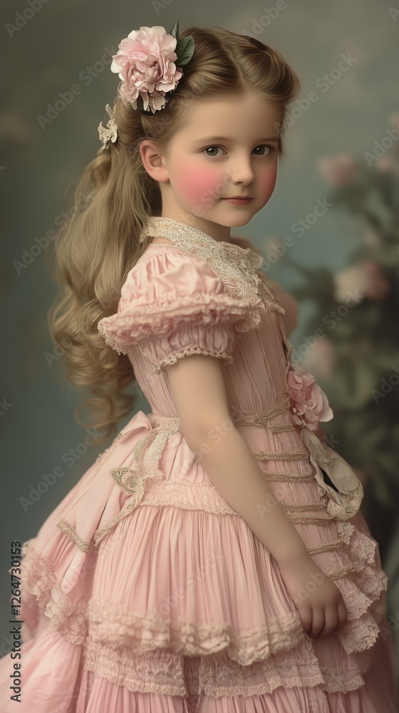 Young girl with soft features wearing pink attire and floral hair accessory Young girl with soft features wearing pink attire and floral hair accessory