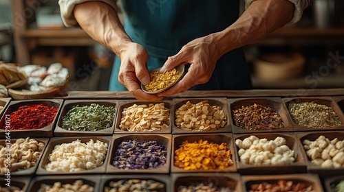 A traditional Chinese medicine practitioner preparing herbal remedies for a patient.

