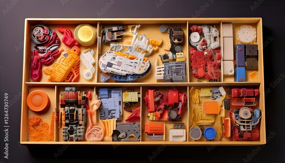 Fototapeta premium Organized Tray of Assorted Mechanical and Electronic Parts in a Workshop Setting