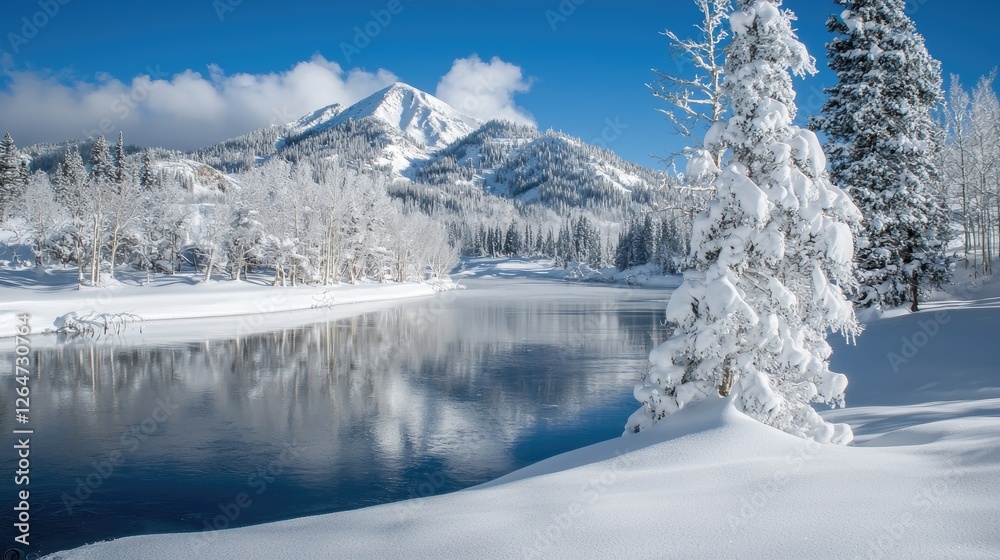 Obraz premium Snowy Mountain Lake Reflection, Winter Scenery, Peaceful Landscape, Possible use Stock Photography
