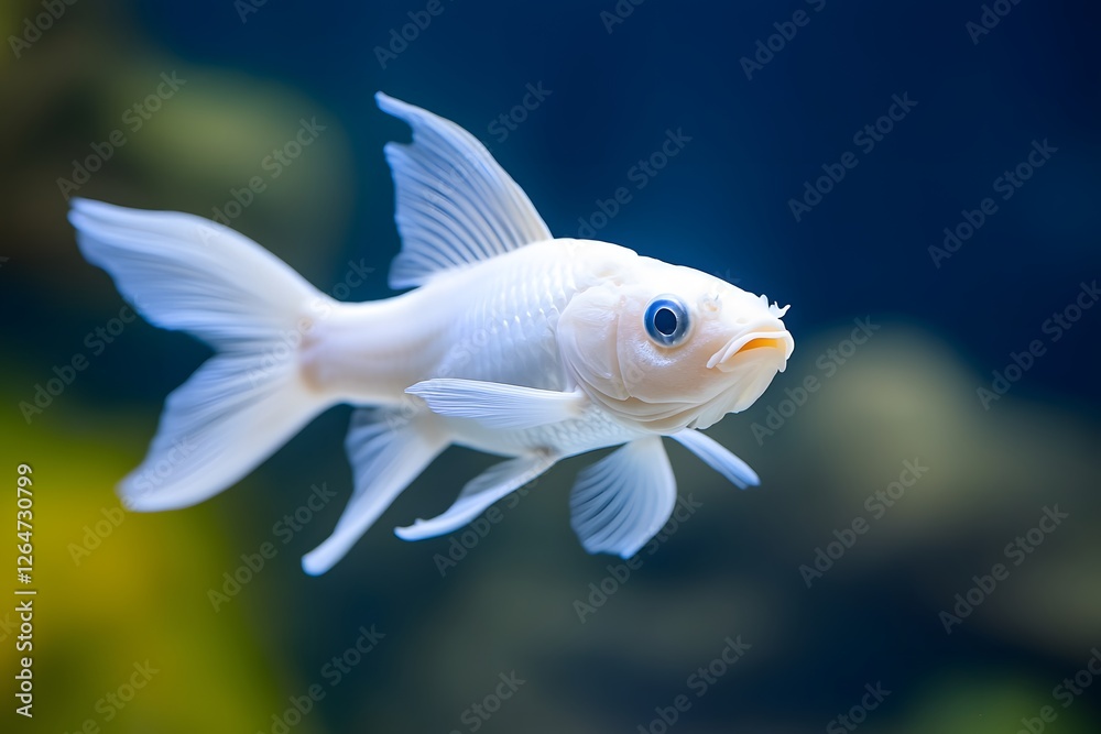 Fototapeta premium White Koi fish swimming aquarium, underwater plants background, pet