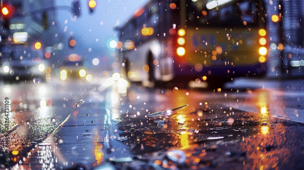 Obraz premium Dramatic bus accident on rainy urban street with shattered glass, tilted vehicle, and emergency response. Urban crisis, transportation safety, and emergency situations concept.