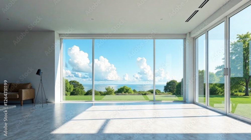 Fototapeta premium Modern minimalist living space with expansive windows showcasing a tranquil ocean view and lush green lawn