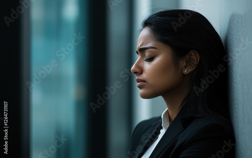 Pensive businesswoman leaning against a wall in deep thought. Free Download Pensive businesswoman leaning against a wall in deep thought. - GFXLoad