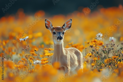 Young deer standing among vibrant orange and white wildflowers in a sunny meadow
