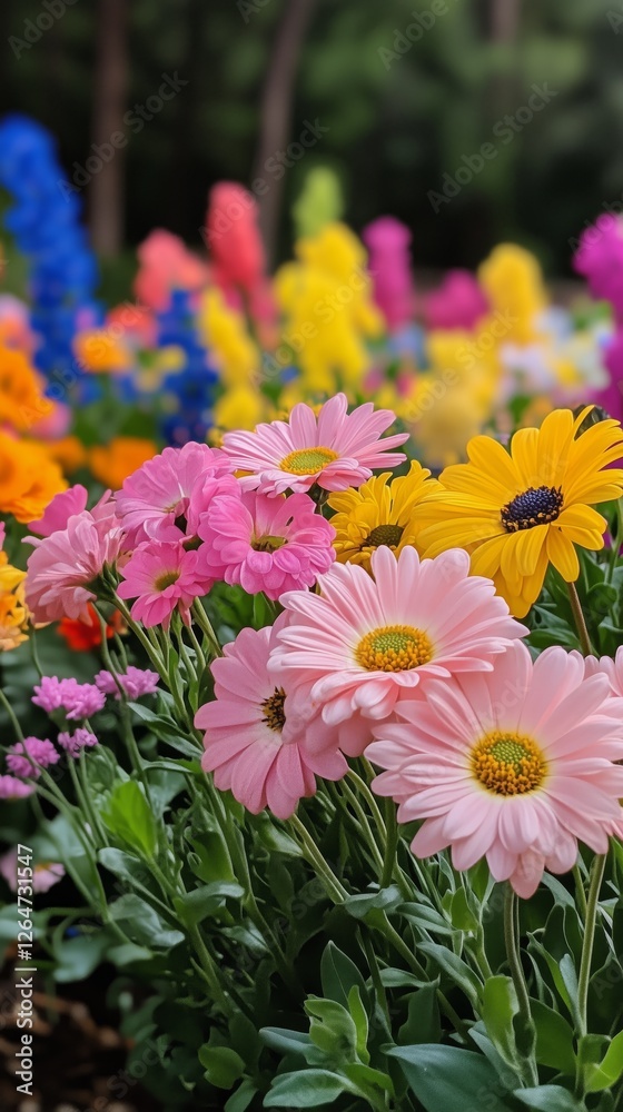 Fototapeta premium Colorful garden filled with blooming flowers during sunny day in spring