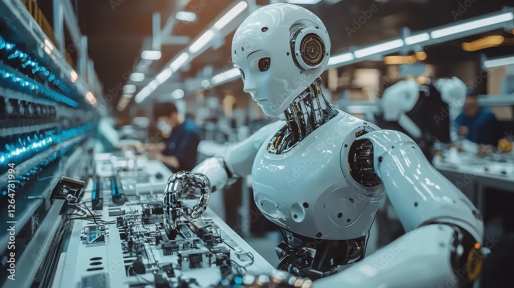 Fototapeta premium Robotic assembly process in modern factory high-tech environment industrial scene