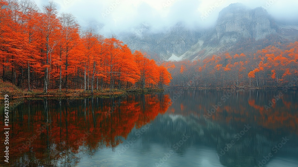 Fototapeta premium Vibrant autumn landscape with orange trees reflecting in serene lake amidst foggy mountains