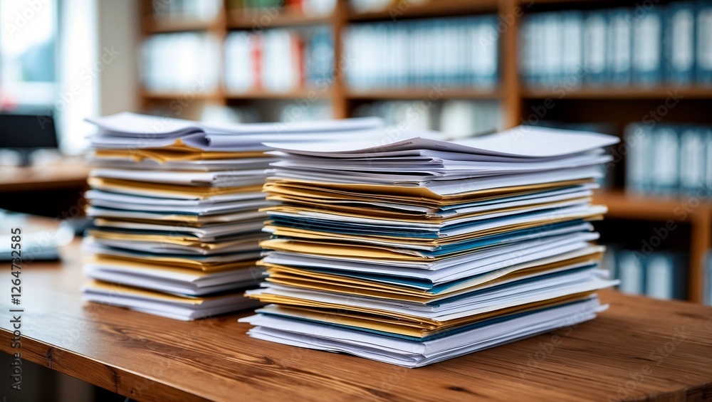 Neatly stacked documents on a wooden table Neatly stacked documents on a wooden table