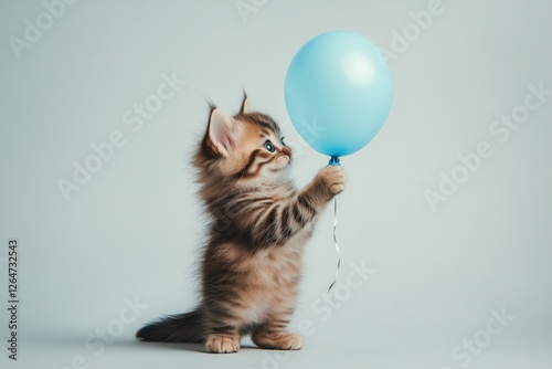 Cute kitten playing with a blue balloon in a playful indoor setting
