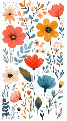 Bright floral pattern featuring colorful flowers against a light background