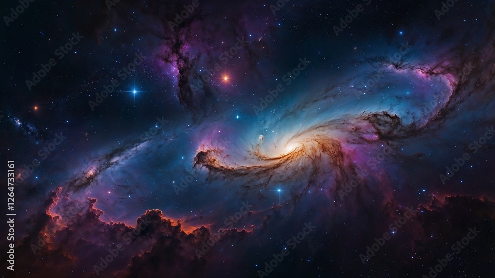 Obraz premium Deep space nebula, cosmic galaxy, interstellar cloud, vibrant celestial scene, outer space photography, colorful universe, distant star cluster, astronomy background