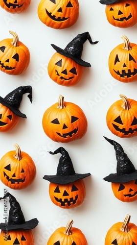 Halloween decorations featuring carved pumpkins and bats on a white backgroun...