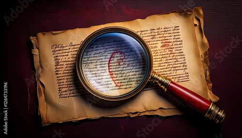 Antique magnifying glass placed atop an aged parchment document with cursive handwriting, illuminated dramatically against a dark wooden background, symbolizing mystery and discovery.

