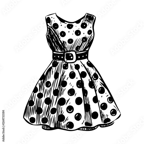 Woman polka dress, vintage style illustration