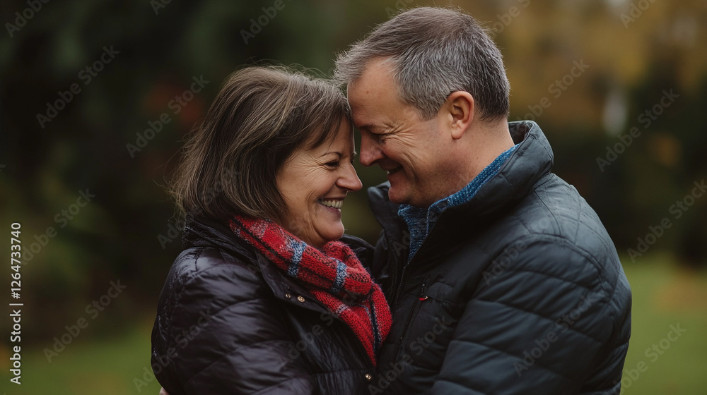 Joyful couple enjoying a tender moment in a serene outdoor setting during autumn Joyful couple enjoying a tender moment in a serene outdoor setting during autumn