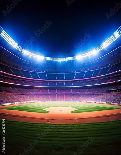 Illuminated Baseball Stadium at Night with Bright Floodlights and a Pristine Field, Ready for an Exciting Game