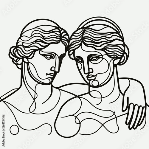 Line Art Muses: Two elegant female busts, rendered in a minimalist line art style reminiscent of classical sculptures, stand shoulder to shoulder in a graceful embrace.