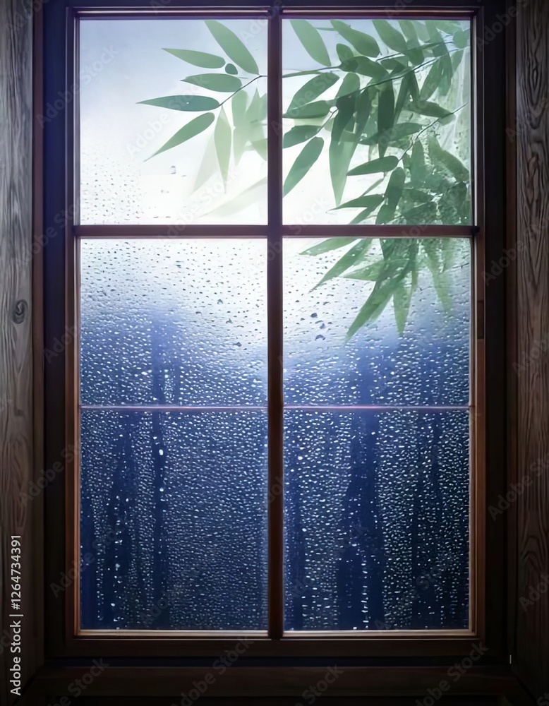 Naklejka premium Serene view through a rain-covered window, with droplets streaming down the glass, revealing a soft, pastel-hued sunset and delicate bamboo leaves swaying gently in the breeze.