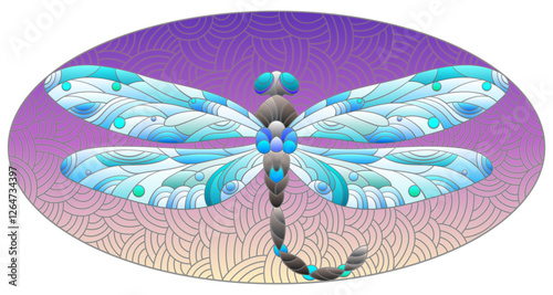 An illustration in the style of a stained glass window with a bright dragonfly on a blue wavy background