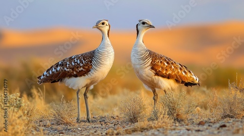 Majestic MacQueen's Bustards in Desert Sunset