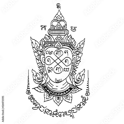 Sak Yant (Thai traditional tattoo), Phra Lak Na thong or The golden face of Phra Lak. Translation from Thai text: Bring great charm and loving-kindness.