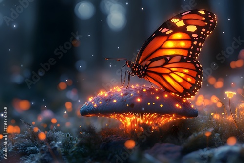 Magical Glow: Butterfly on Luminous Mushroom in Enchanted Forest