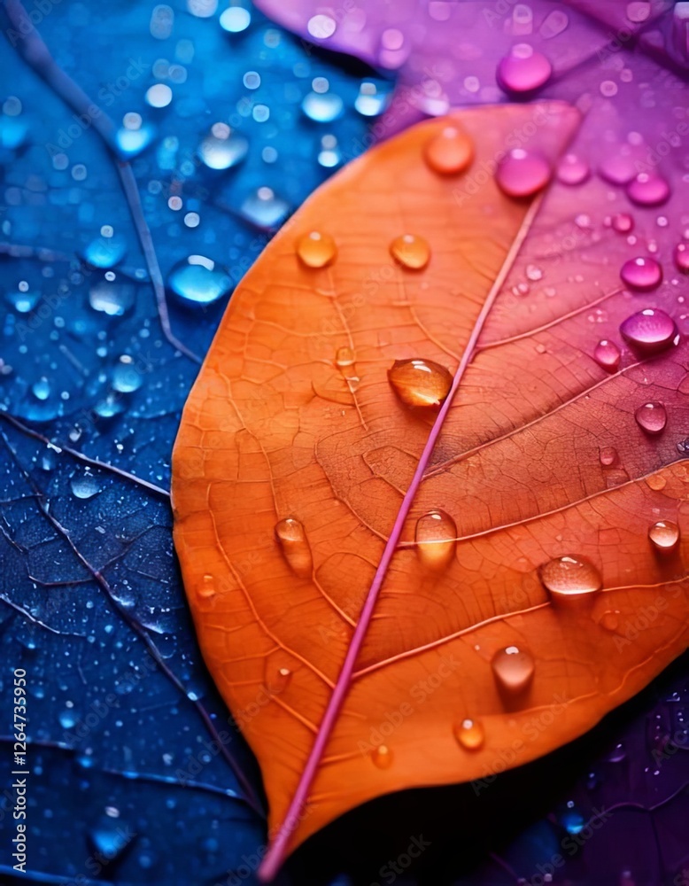 Fototapeta premium Vibrant Orange Leaf Resting on a Deep Blue Surface with Water Droplets, Showcasing Nature’s Contrast and Beauty