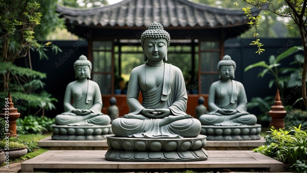 Serene buddha statues in a tranquil garden Serene buddha statues in a tranquil garden