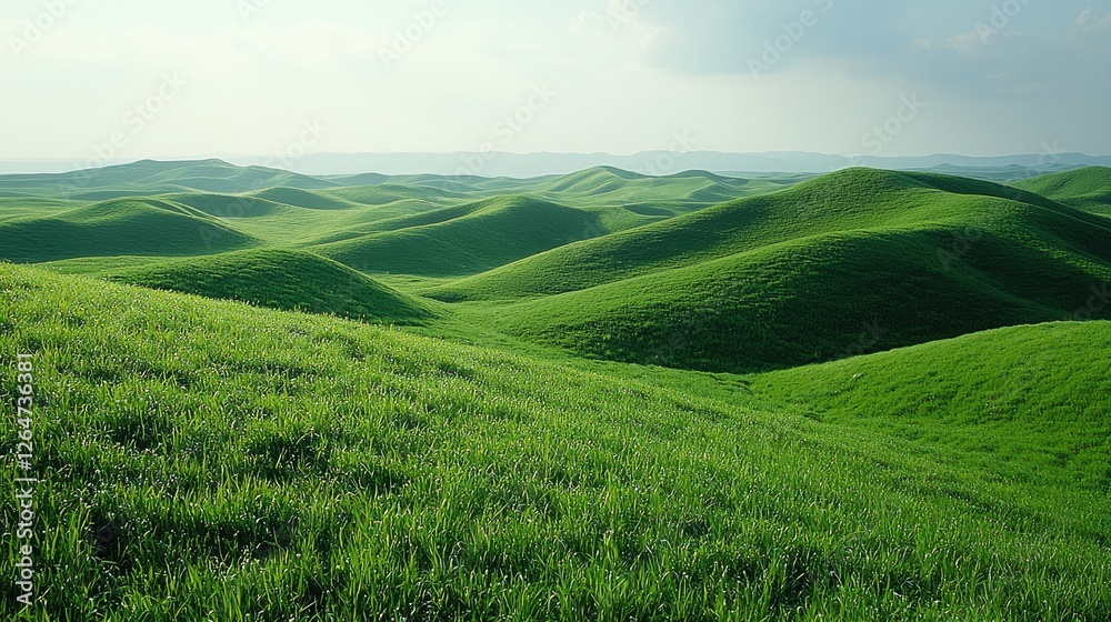Lush green rolling hills under a soft blue sky with gentle clouds, evoking tranquility and nature's beauty Lush green rolling hills under a soft blue sky with gentle clouds, evoking tranquility and nature's beauty