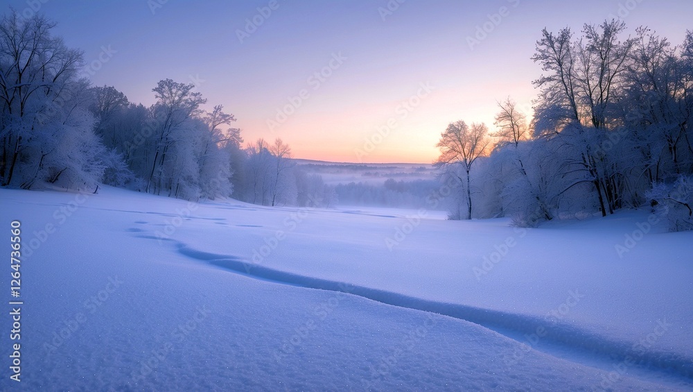 Serene snowy landscape bathed in soft dusk light Serene snowy landscape bathed in soft dusk light