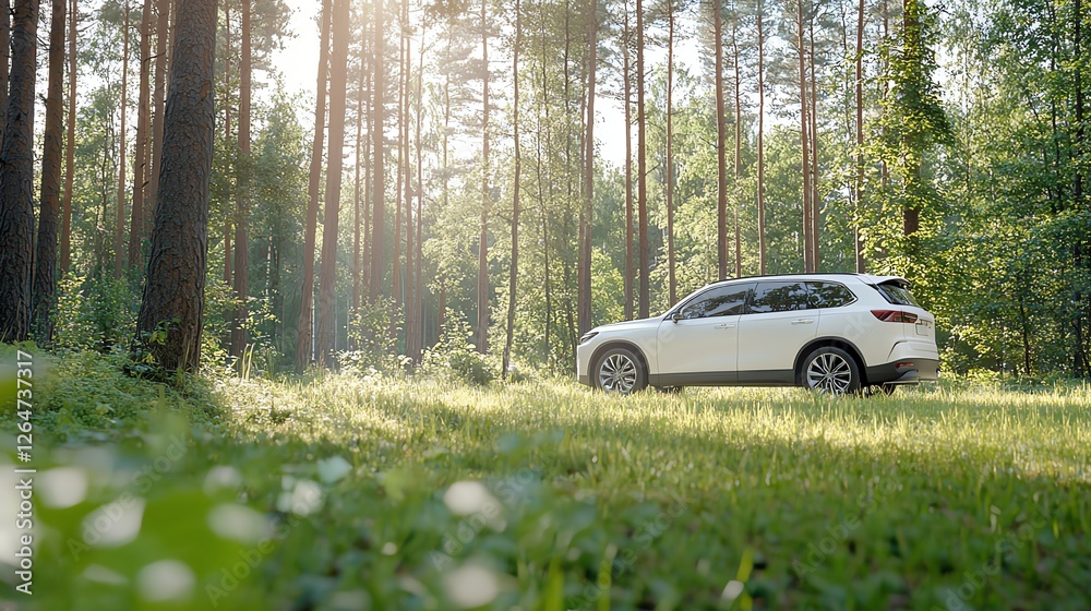 White SUV parked in serene forest setting under sunlight, surrounded by tall trees. White SUV parked in serene forest setting under sunlight, surrounded by tall trees.