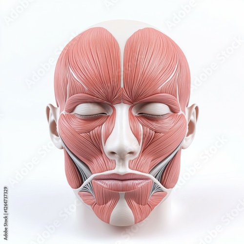 Facial Muscles Anatomy: Labeled Frontal View of Face, Neck, and Beauty Features on White Background