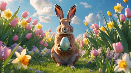 Easter bunny background with egg in paws around spring flowers