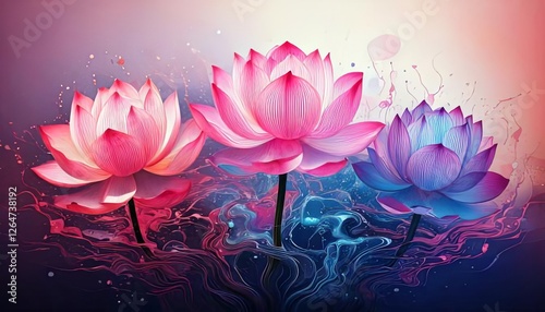 Three radiant pink lotus flowers emerging from swirling blue waters, set against a dreamy gradient background, blending soft hues and intricate artistic flourishes.


