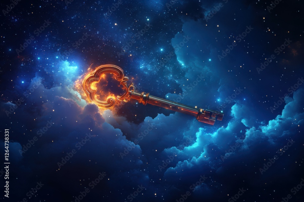 Obraz premium Fantasy Key: Glowing Magical Portal Key in the Galaxy Sky with Copy Space
