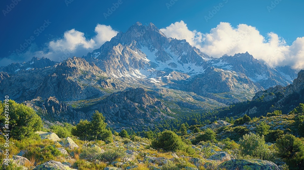 Obraz premium Majestic mountain landscape with lush greenery and dramatic skies, showcasing nature's beauty