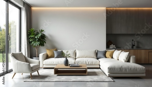 Grey, white, gold living room Modern furniture, sleek design , accessories, white