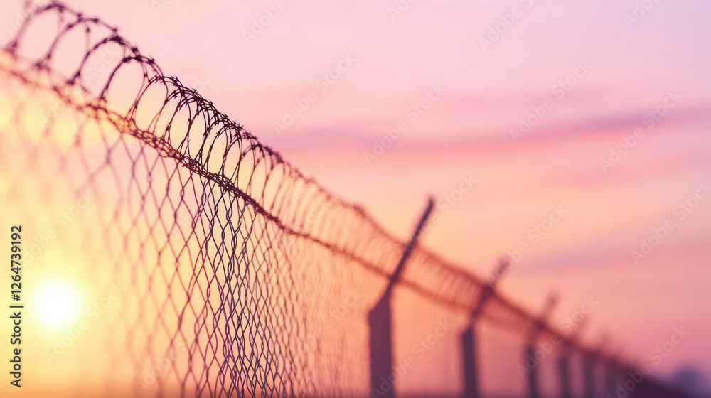 Sunset casting vibrant colors over wire fence in tranquil landscape, emphasizing serenity and freedom concept Sunset casting vibrant colors over wire fence in tranquil landscape, emphasizing serenity and freedom concept