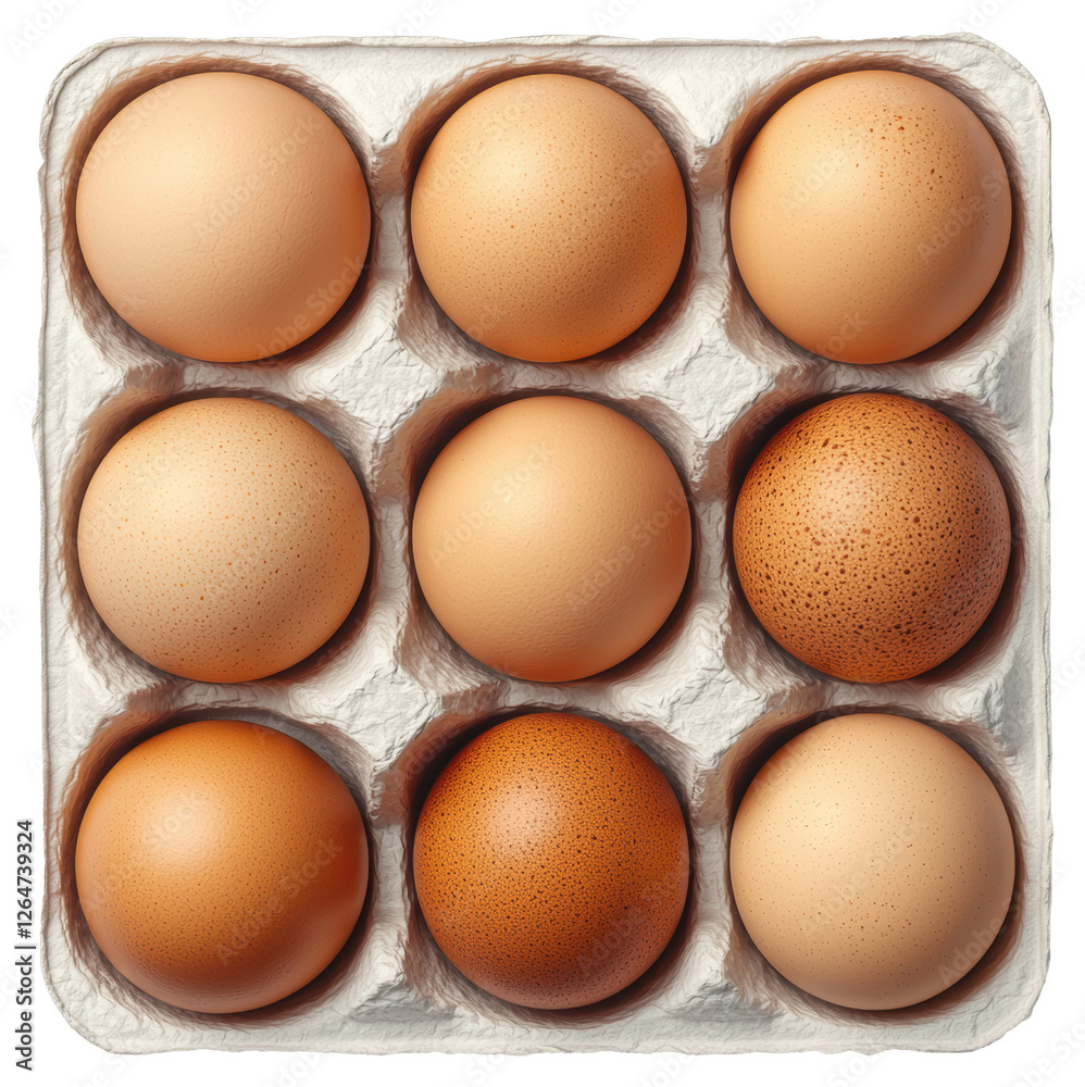 Nine Brown Speckled Eggs in a Light Gray Cardboard Carton on Transparent Background Nine Brown Speckled Eggs in a Light Gray Cardboard Carton on Transparent Background