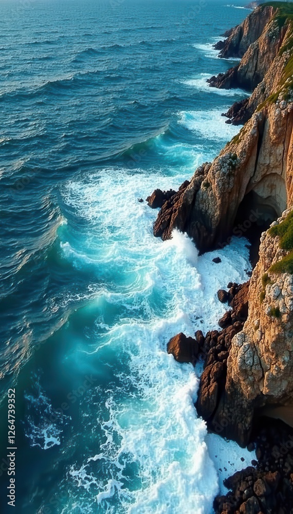 Naklejka premium Ocean waves crashing on rugged coastline, aerial view, waves, cliff